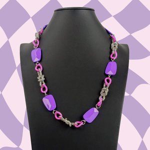 Silver Mesh Knot Link w/ Purple & Pink Plastic Accents Necklace